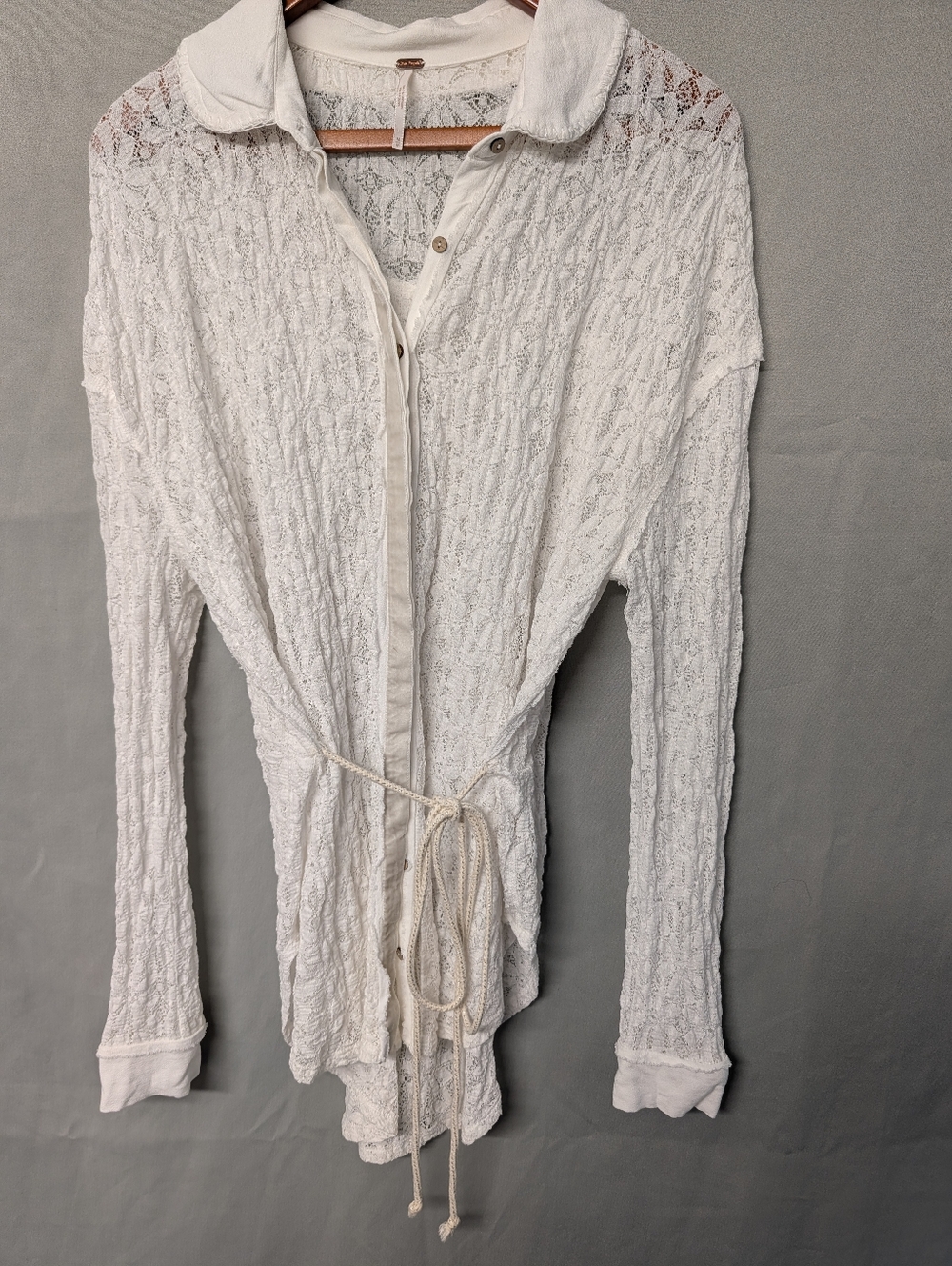 Free People White Lace Knit Button-Up Tunic with Tie Size Medium